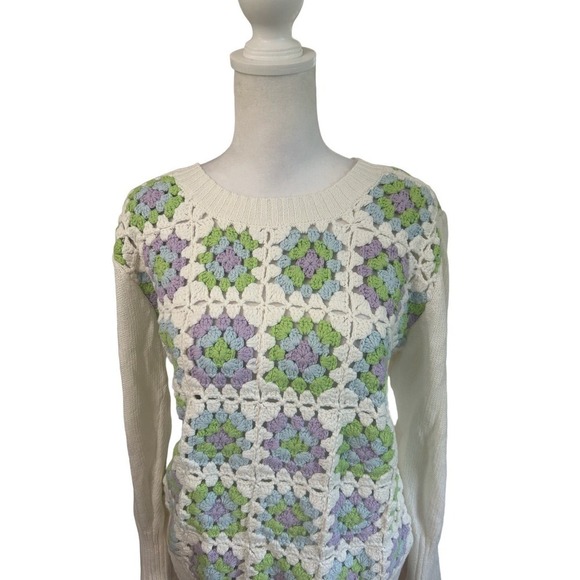 Design History Crochet Puff Sleeve Cotton Sweater Size large NWT Granny Square - Picture 4 of 10